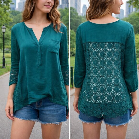 Maeve Tops - ANTHRO Maeve Emerald Green Peasant Top Crochet Lace Back Boho Blouse M